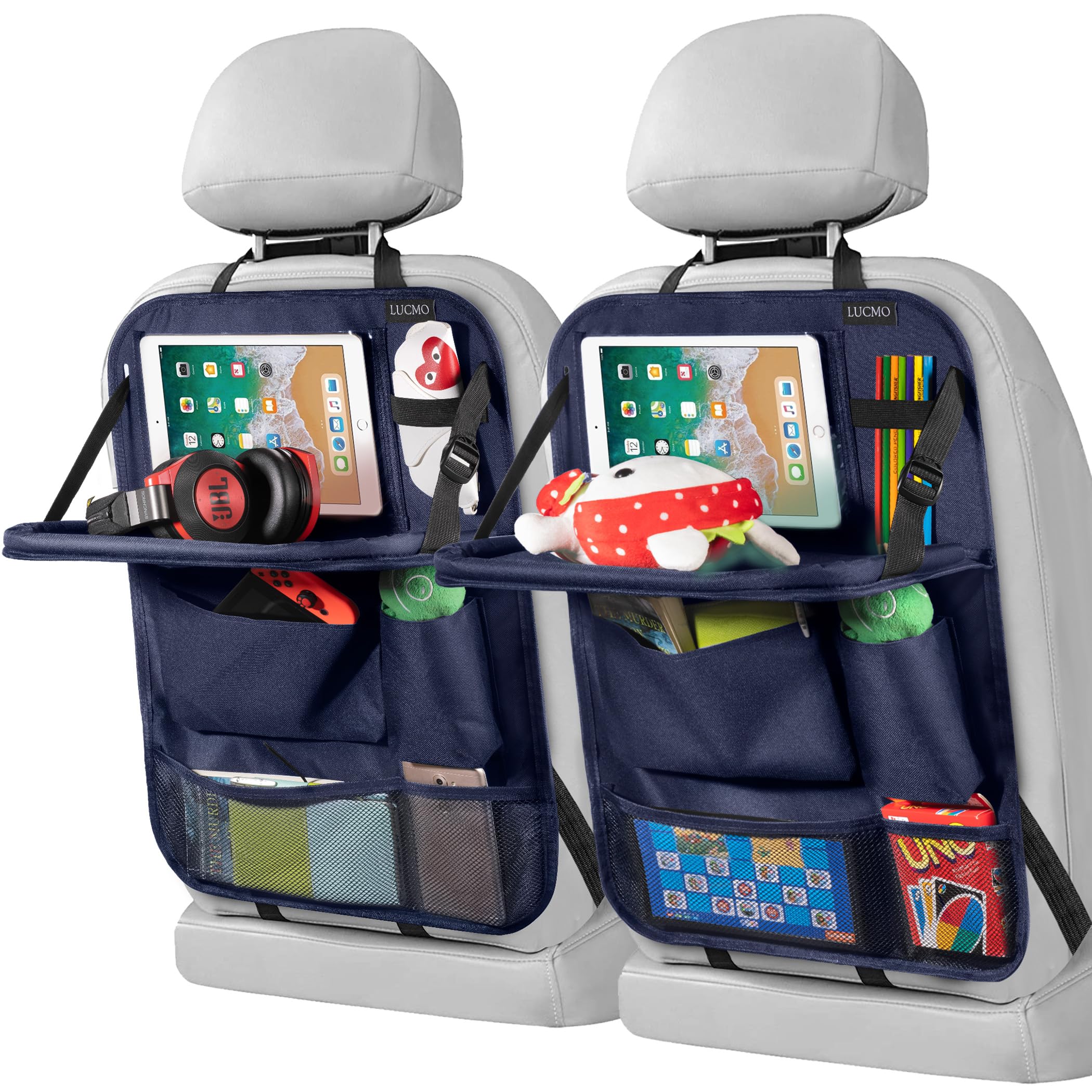 Photo 1 of LUCMO Car Backseat Organizer with Tablet Holder-2 Pcs,6 Storage Pockets Car Storage Organizer with Foldable Food Tray,Protectors Kick Mats Travel Accessories-Dark Blue