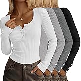 JoyMotion 4 Pack Women's Long Sleeve Henley Shirts Button Ribbed Knit Slim Fit U Neck Tops Casual Going out Tee Fall Winter