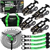 Rhino USA Car Tie Down Straps with Snap Hooks – 4 Pack 2" x8' – 10,000lbs Break Strength – Heavy Duty T-Handle Car Hauler Tire Lasso Wheel Straps for Trailers, UTV & Powersports – Black