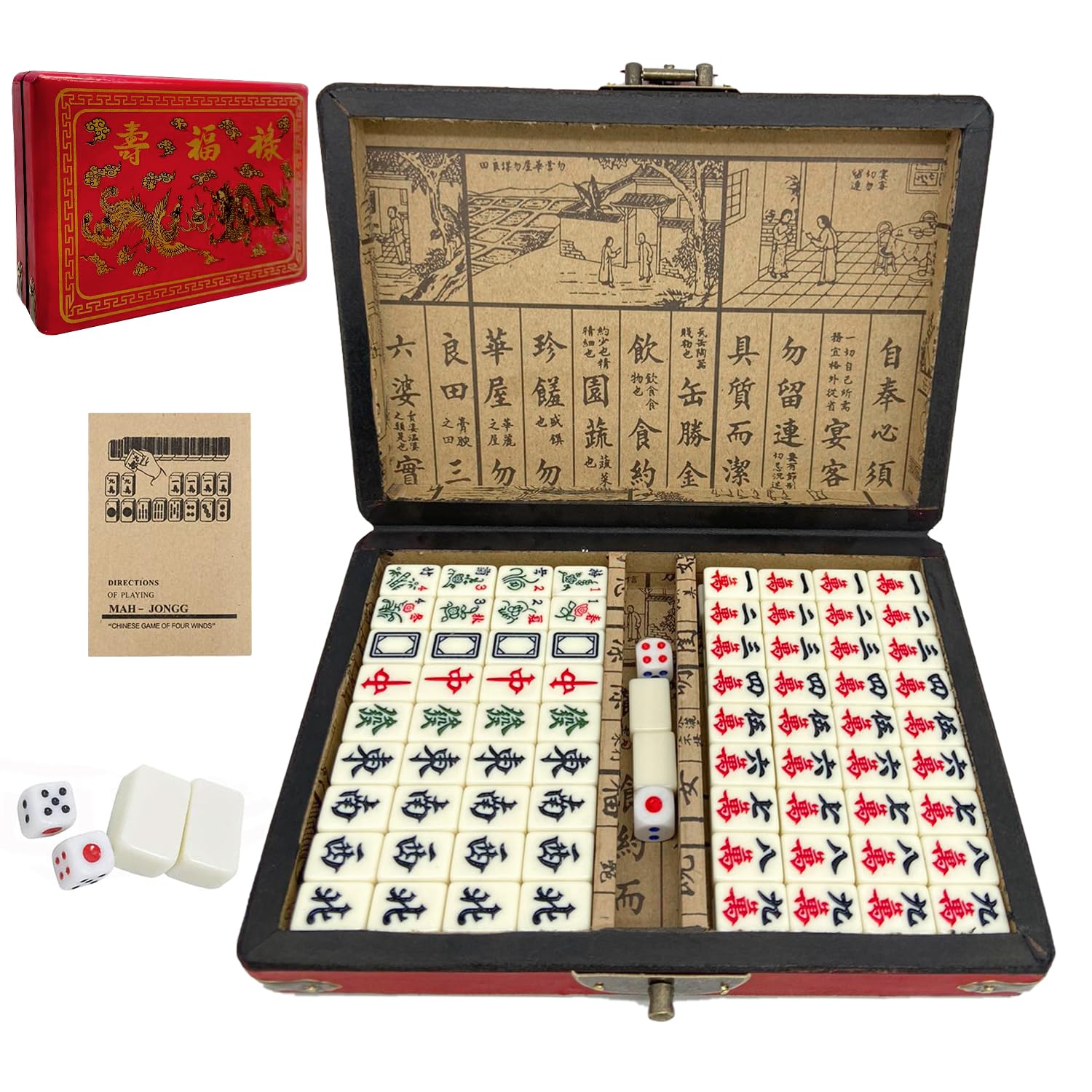 TourKing Chinese Mahjong Mah Jongg Board Game Set With 144PCS Mahjong Tile Set, 2PCS Dot Dice & 6.7” Wooden Carry Case for Travel, Family Gathering, Party,Gift For Christmas