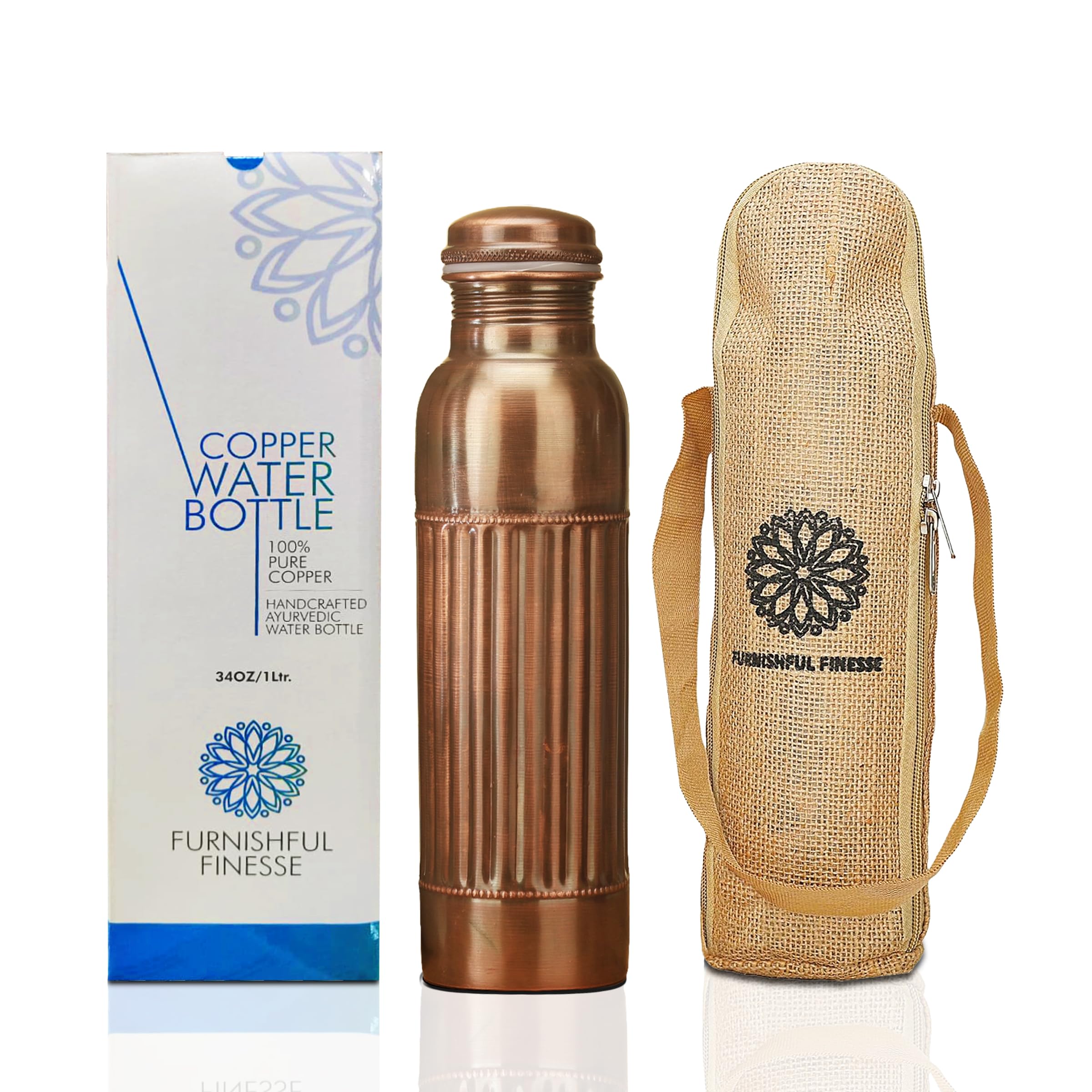 FURNISHFUL FINESSE 32 Oz Copper Water Bottle for Drinking 1000 ml Ayurvedic Pure Copper Vessel with Carry Bag, Leak Proof Handcrafted Antique Coper Bottles for Gym Office Hiking Sports - 1 Liter