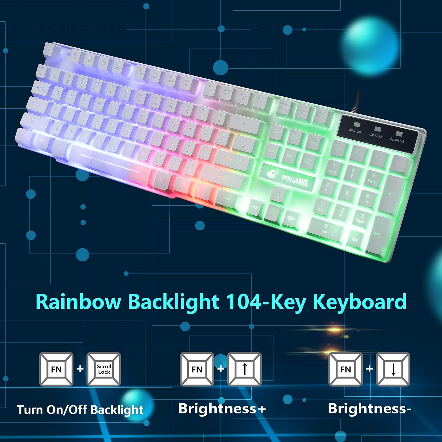 Gaming Keyboard and Mouse Set, 104 Keys UK Layout QWERTY Rainbow Backlit Keyboard, 2400 DPI 4 Buttons Colorful Mice - Image 4