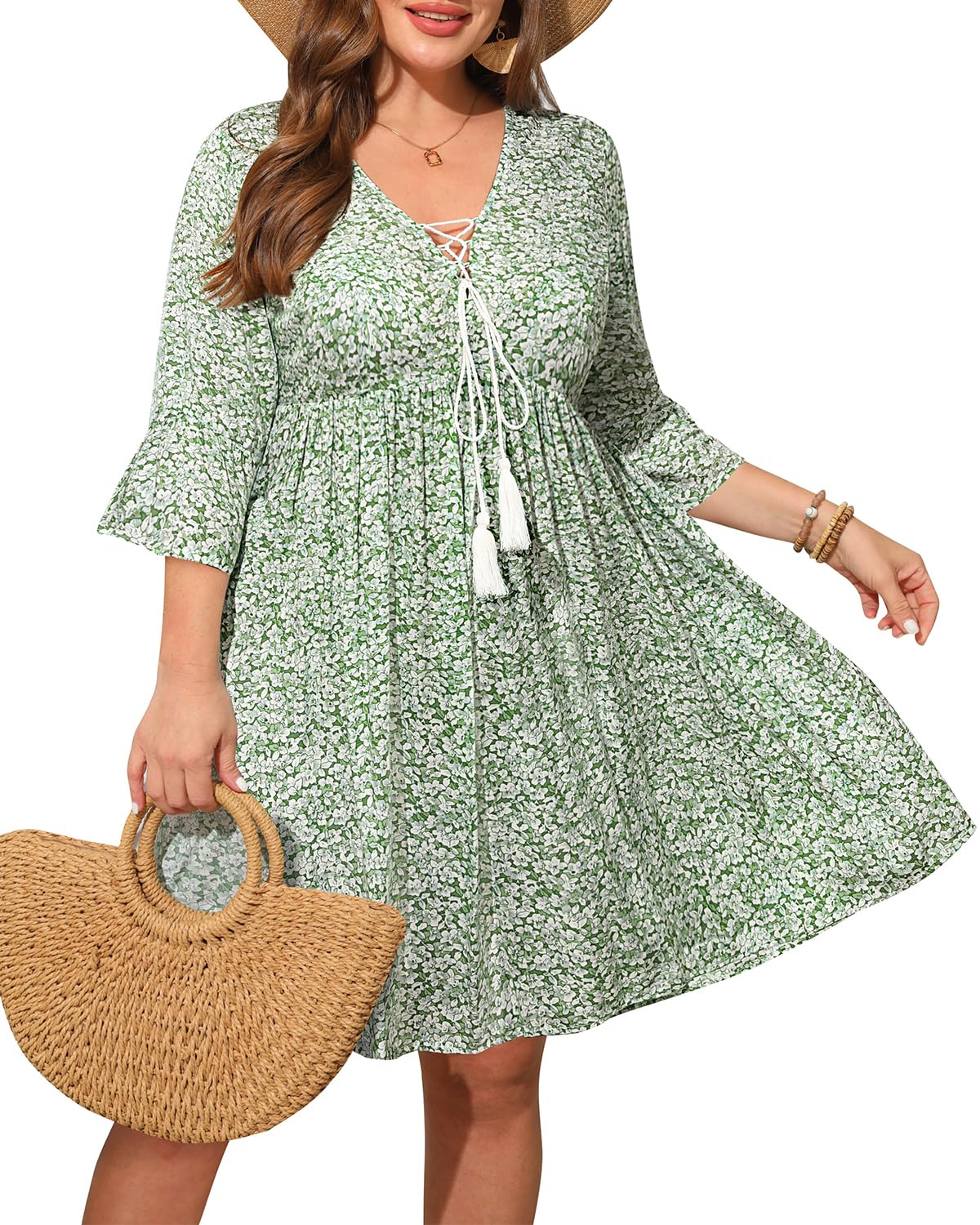 Photo 1 of Plus Size Sundress Women Summer Floral Light Green Casual Boho Mini V Neck Short Sleeves Flowy Beach Sun Dress