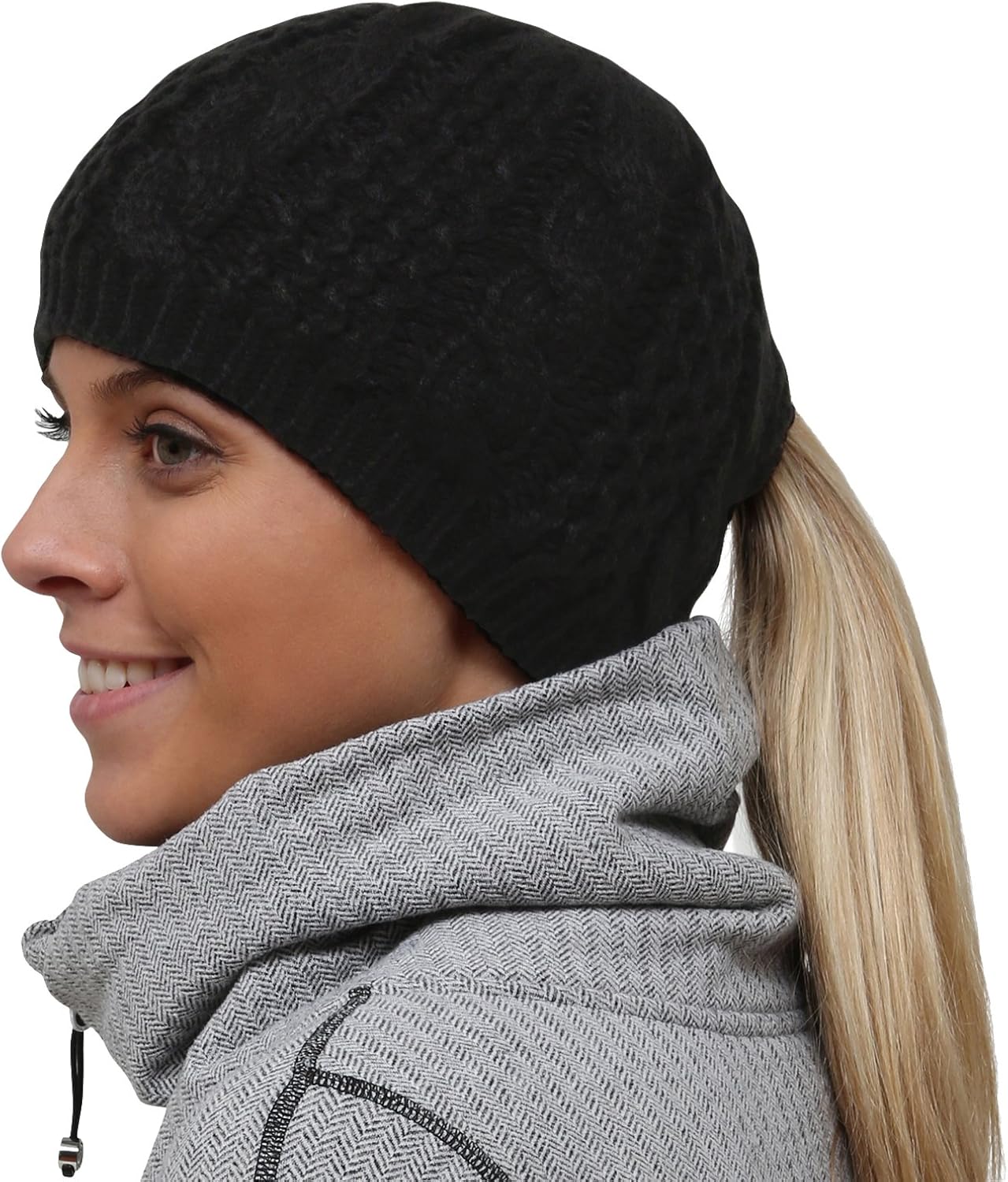 cable knit ponytail hat