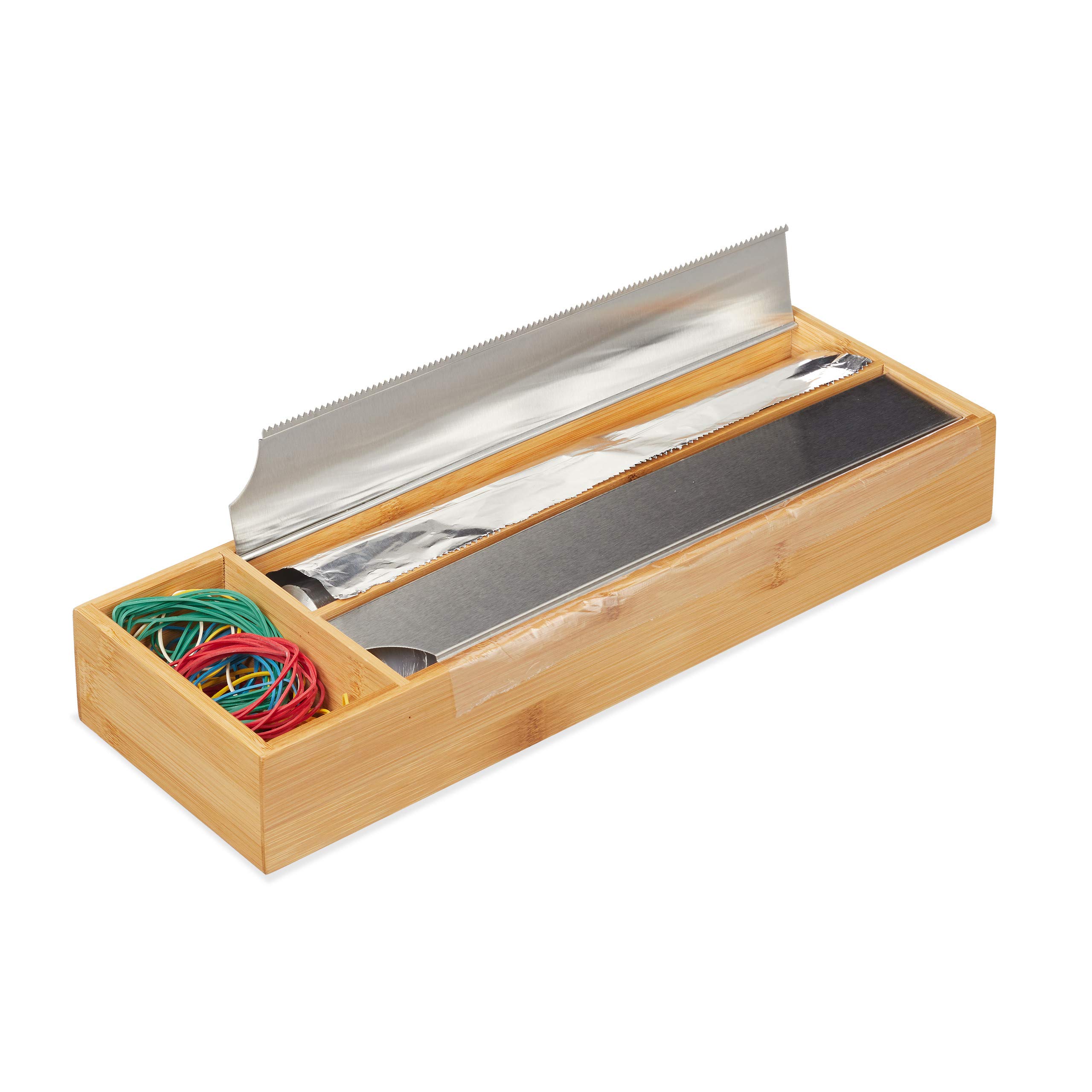 Relaxdays Foil dispenser for drawer, for aluminium foil and cling film, bamboo and stainless steel, H x W x D: 5.5 x 39.5 x 13 cm, natural