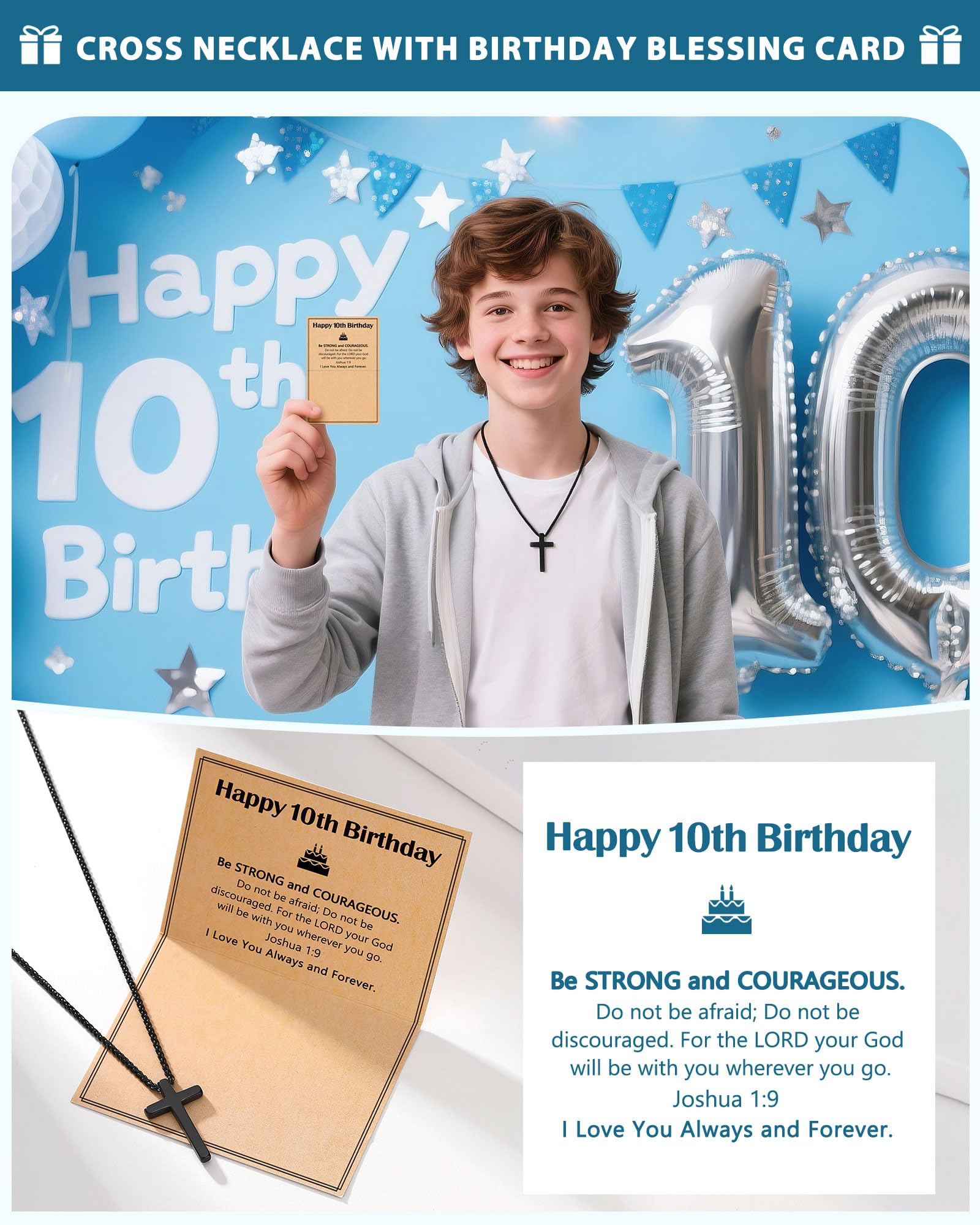 Happy Birthday Gifts for Boys 8-18 Years Old, Black Cross Necklace with Bible Verse Joshua 1:9 for Son, Grandson, Nephew, Friend