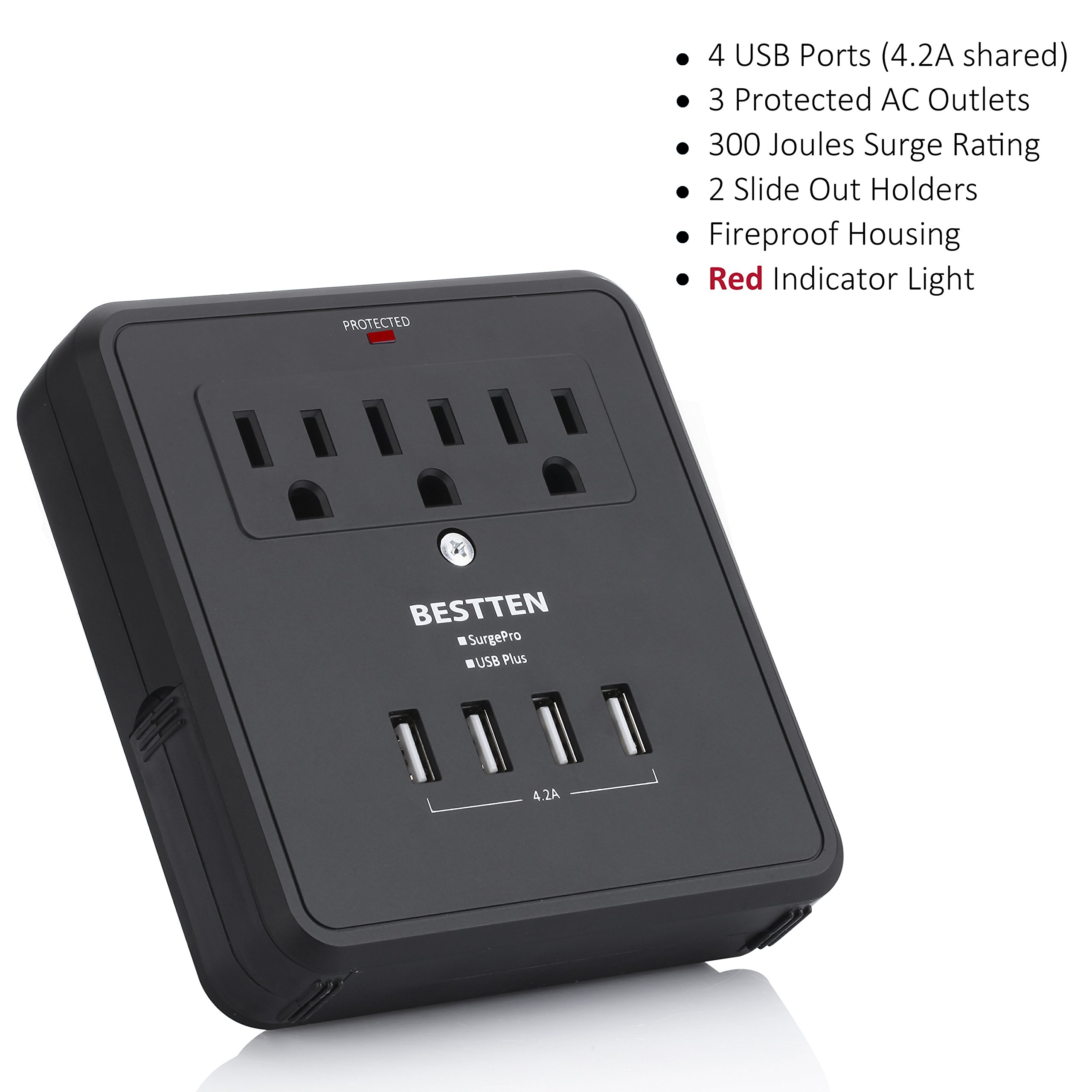 Bestten Multi Outlet Wall Adapter Surge Protector with Four (4) USB