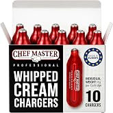 Chef Master 10 Pack N2O Whipped Cream Chargers, 8g/ea, Made in Europe | Perfect for Mousses, Desserts, Coffee Drinks &amp; Cocktails - Compatible with iSi &amp; Standard Whippers - Not for Human Inhalation