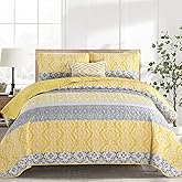 DJY Boho Quilt Set King Size, 3 Pieces Yellow Grey Boho Striped Bedspread Coverlet Set with 2 Pillowcases, Soft Microfiber Bohemian Patchwork Farmhouse Bedding Set All Season (104"x90")