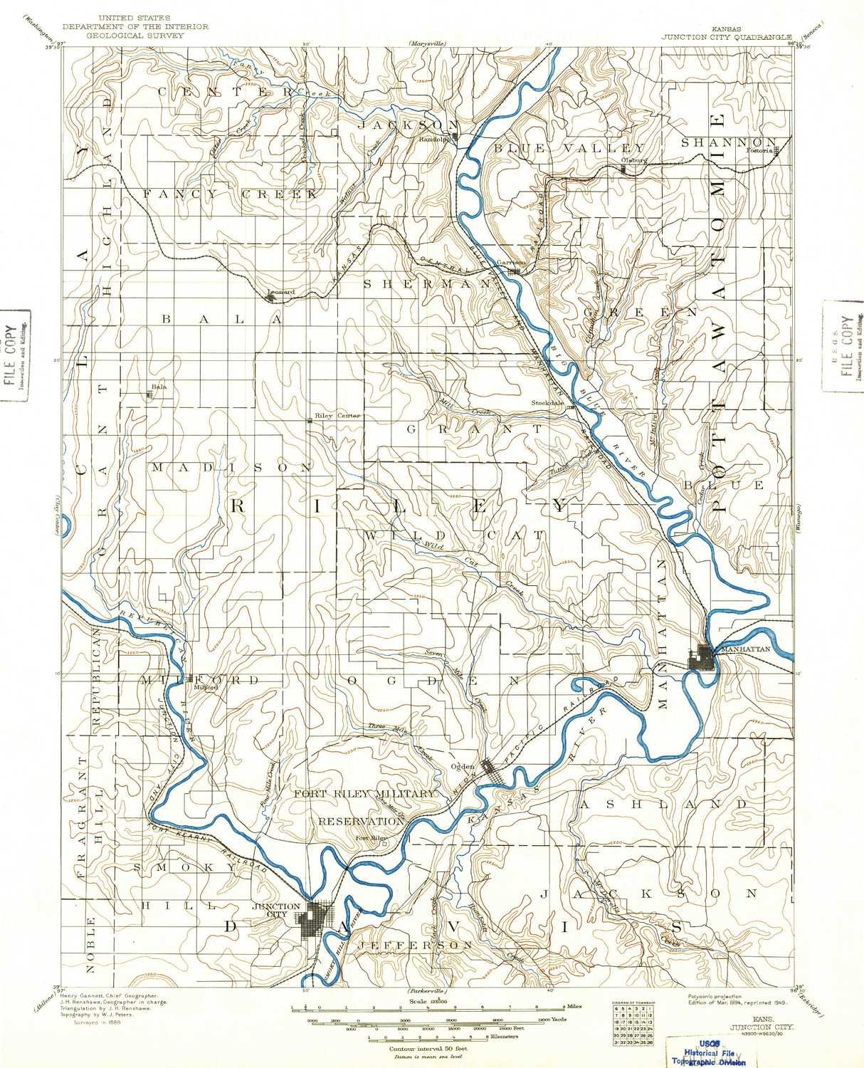 YellowMaps Junction City KS topo map, 1:125000 Scale, 30 X 30 Minute, Historical, 1894, Updated 1949, 19.85 x 16.07 in