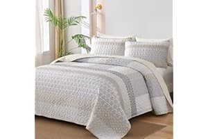 WONGS BEDDING Beige Quilt King Size, Bohemian Stripe Quilt Sets 3 Pieces Boho Quilted Bedspread Set Lightweight Microfiber Coverlet Bedding Set All Season (104"x90")