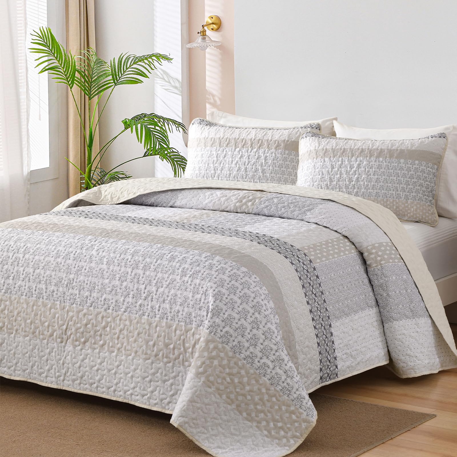 Photo 1 of WONGS BEDDING Beige Quilt King Size, Bohemian Stripe Quilt Sets 3 Pieces Boho Quilted Bedspread Set Lightweight Microfiber Coverlet Bedding Set All Season (104"x90")