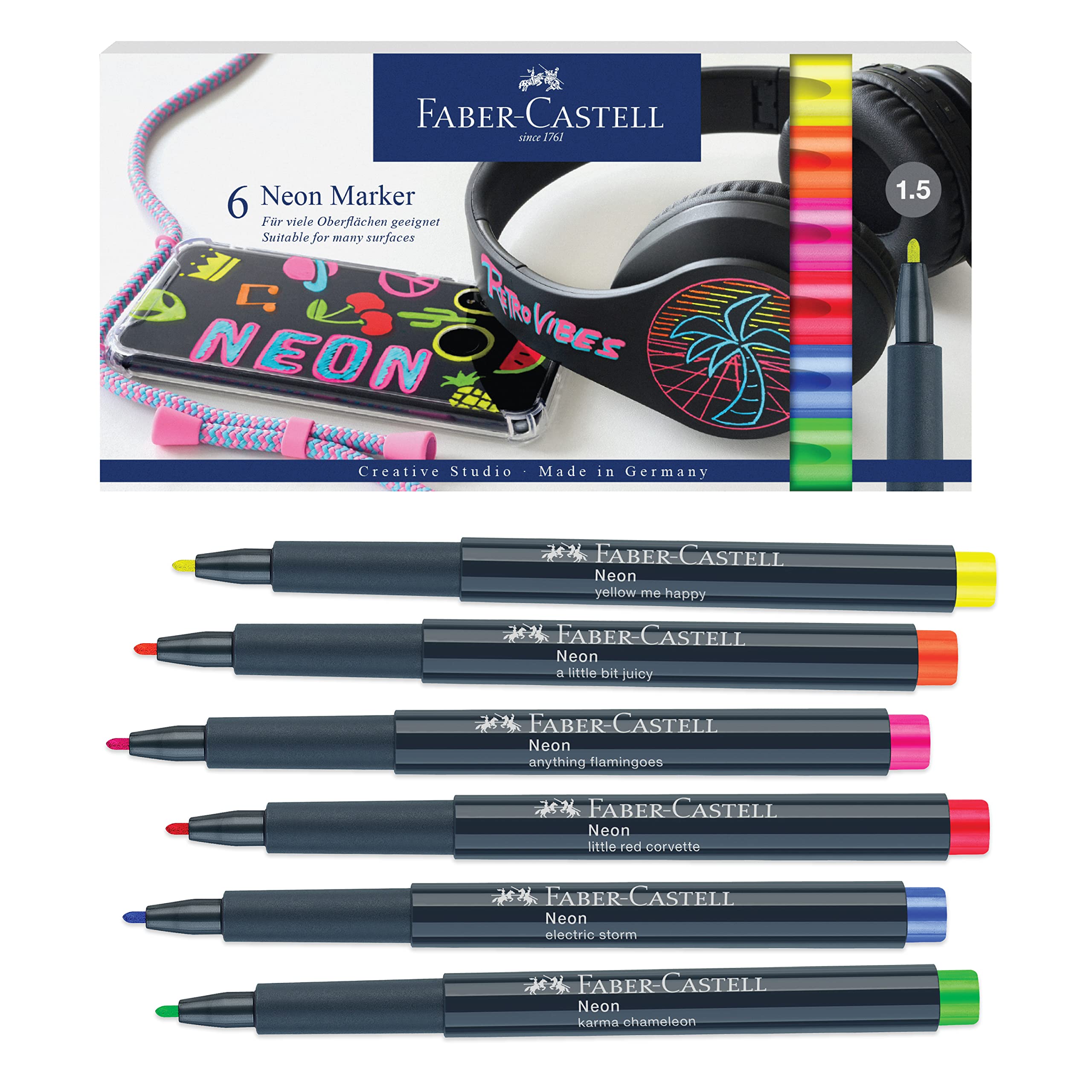 Faber-Castell Creative Studio Neon Marker, Multicoloured, Cardboard Wallet of 6, Art, Craft, Drawing, Sketching, Home, School, University, Colouring