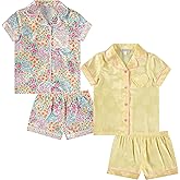 BTween Girls Satin Pajama Set 4 Pack, Short Sleeve Button-Down Sleepwear for Kids, Soft and Breathable Nightwear