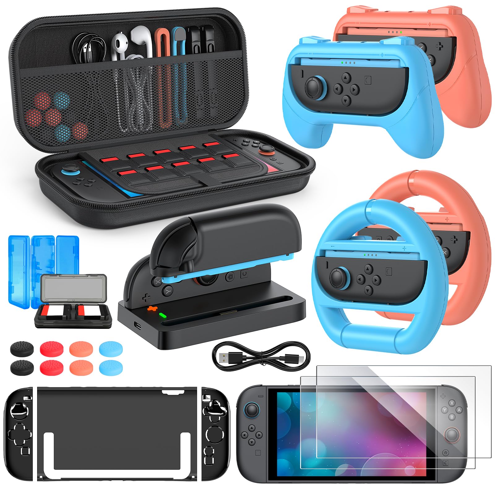 Switch 2 Zubehörpaket für Switch 2, 24 IN 1 Kit, Switch 2 Slim Case, 2 Displayschutzfolien, Ladestation für Switch 2 mit Kabel, 2 Lenkräder, für Joycon 2 Schutzhülle & 2 Griffe, 8 Daumengriffe, 2 Spie