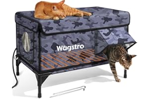 WAGSTRO Heated Cat House for Outside, Insulated Weatherproof Heated Outdoor Cat House with Waterproof Eaves & Escape Door, Elevated Outdoor Cat Shelter for Feral Stray Cat (Black Camo, 25.6"x16.5"x18")