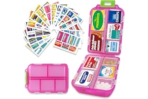 IOUWEI Large Pill Organizer with 161 Medicine Labels Travel Daily Pill Container Mini Medication Organizer Storage Pill Organizer Pill Case 7 Day (Pink)