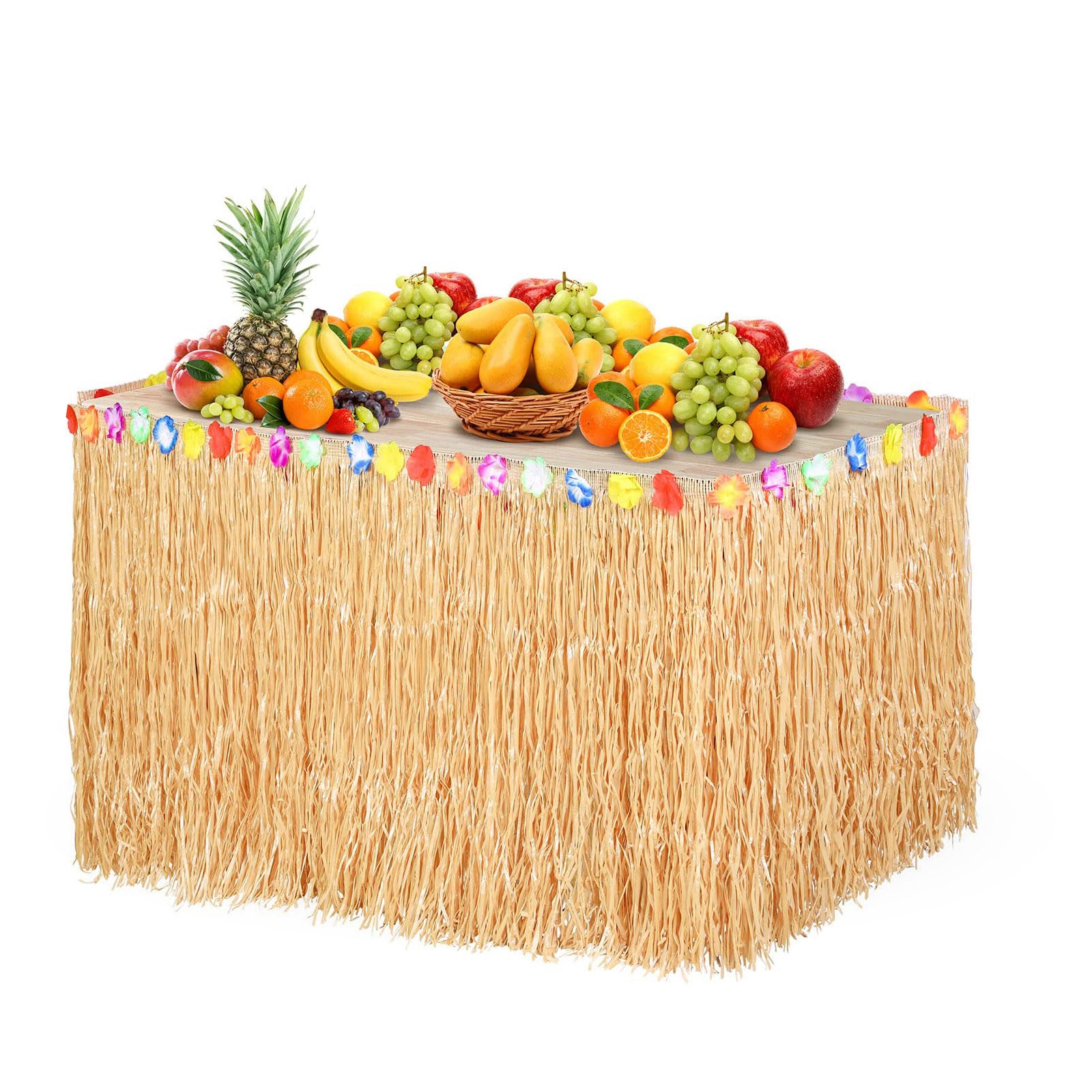 iwiio Luau Grass Table Skirt - Hawaiian Party Decorations, 108 x 29.5 In Hawaiian Tropical Grass Table Skirt for Tropical Party Decorations, Tropical Hula Parties Decor Accessories