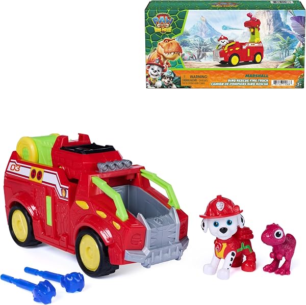 PAW Patrol The Dino Movie Marshall Dino Rescue Firetruck Toy Vehicle | 8-Inch Dino Toy Truck, 360-Degree Projectile Launcher,