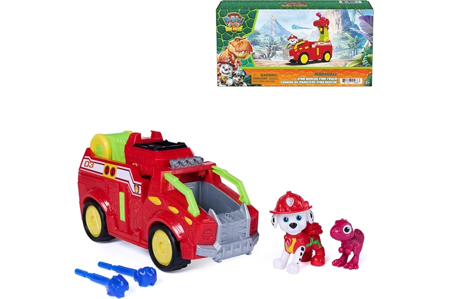PAW Patrol The Dino Movie Marshall Dino Rescue Firetruck Toy Vehicle | 8-Inch Dino Toy Truck, 360-Degree Projectile Launcher, Marshall & Rhubarb Action Figures, Kids Toys for Boys & Girls 3+