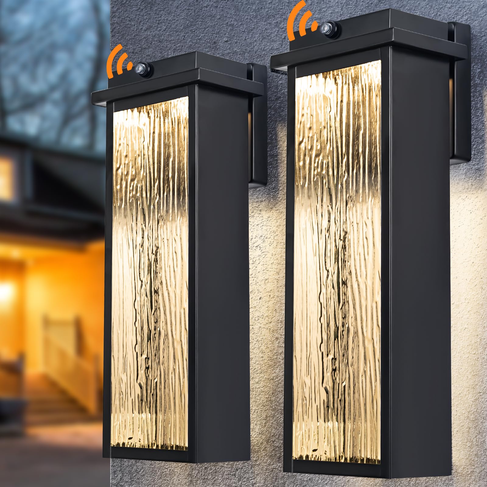 Photo 1 of *** MISSING REMOTE *** Black LED Dusk to Dawn Outdoor Lighting 2 Packs, 16" Large Outside Farmhouse Wall Lantern, Industrial Porch Wall Mount Light Fixture with Rippled Glass, Waterproof Modern Exterior Sconce Lamp