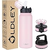 Oldley Insulated Water Bottle 20oz Water Bottles with Straw, Stainless Steel Water Bottle with 3 Lids, Double Wall Vacuum Bottles for Adult Kids, Sports Bottles for School Travel, Pink