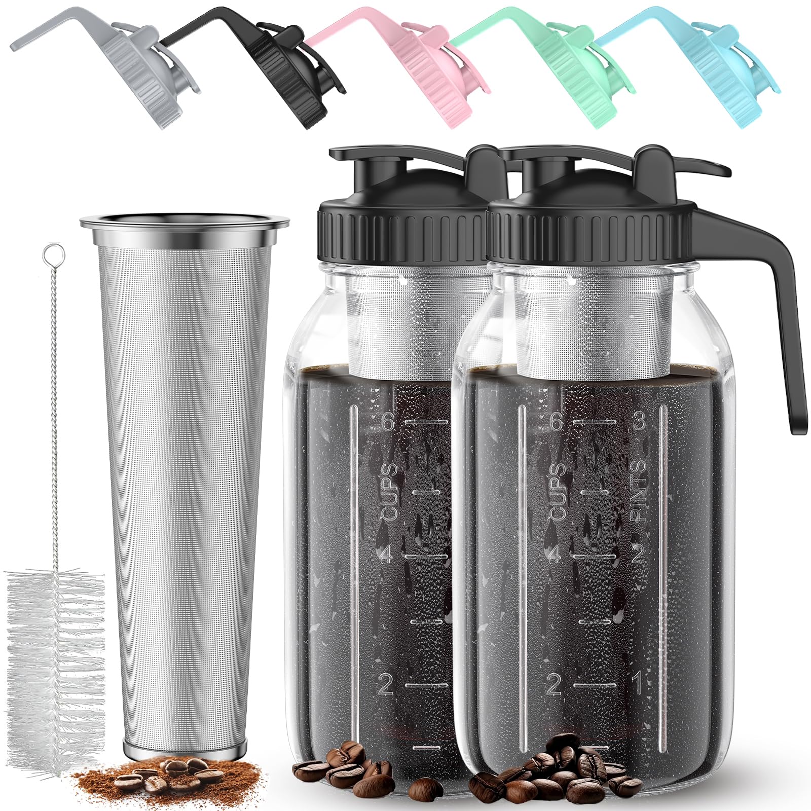 Photo 1 of 2 Pack 64 oz Cold Brew Coffee Maker Jar - Thick Glass Cold Brew Maker with Handle, Stainless Steel Filter & Leak-Proof Lid, Cold Brew Pitcher for Iced Coffee,Tea and Milk (2 Quart / 1.9 Liter)