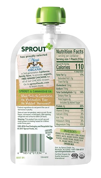 SPROUT ORGANIC BABY FOOD POUCHES STAGE 3, CREAMY VEGETABLES W/ CHICKEN, 4 POUCHES (PACK OF 6) CREAMY VEGETABLES WITH CHICKEN 24 OUNCE