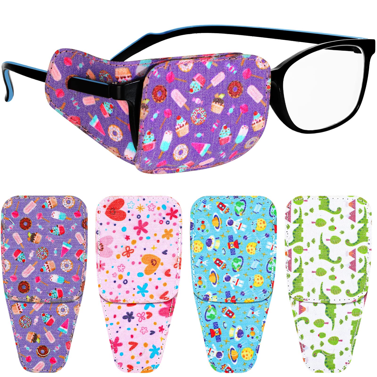 Photo 1 of Haysandy 4 Pcs Eye Patches for Kids Reusable Eyepatch for Glasses to Cover Either Eye, Pink Blue Green White, 4 Styles (Dino Flower Outer Space Ice Cream)