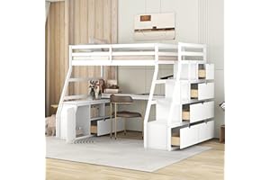 BOVZA Twin Size Loft Bed with Storage Stairs and Desk, 7 Drawers and 2 Shelves, Wood Twin Loft Bed Frame with Storage for Kids Boys Girls Teens, White