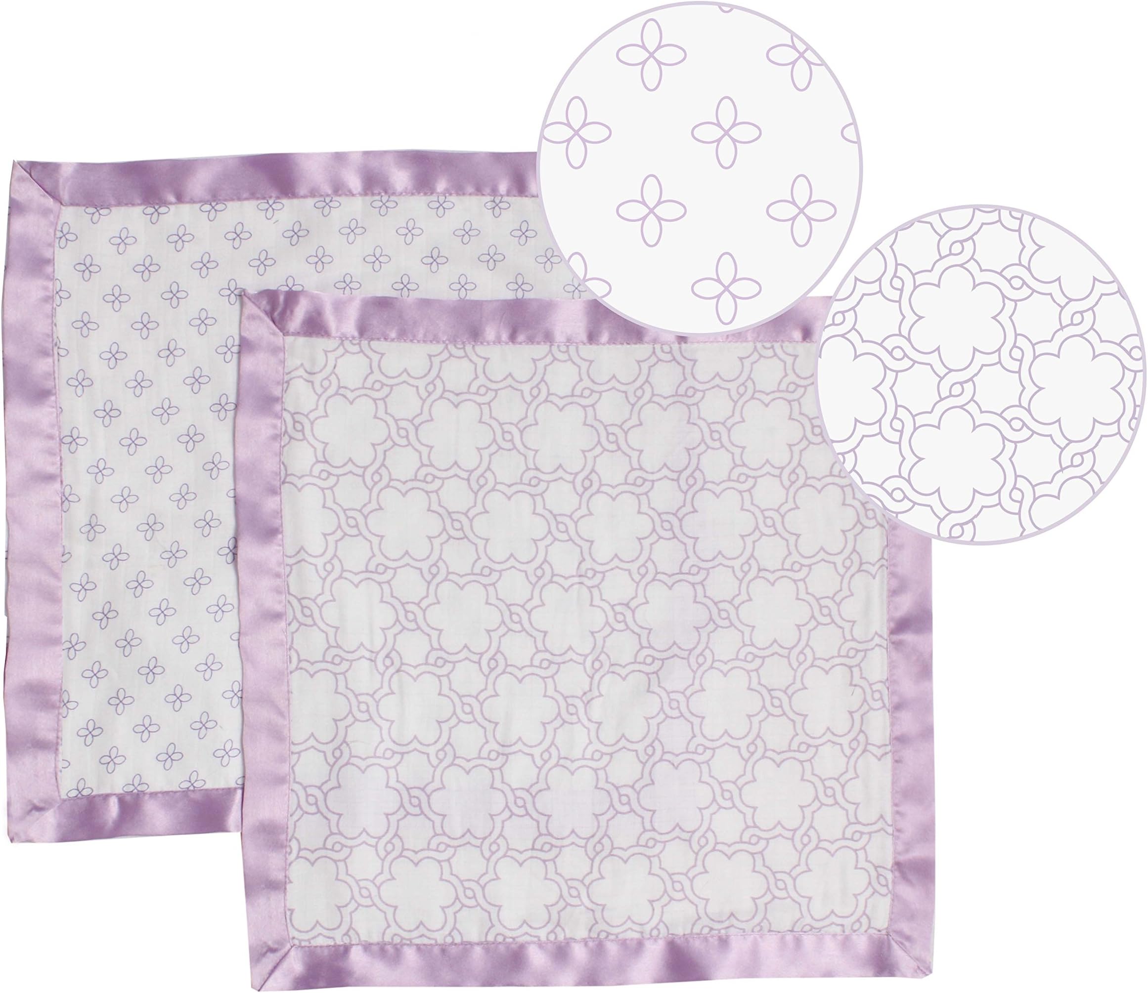 Bacati Petals/Floral Muslin with Sateen Trim 2 Piece Security Blankets, Lilac, 14" x 14"