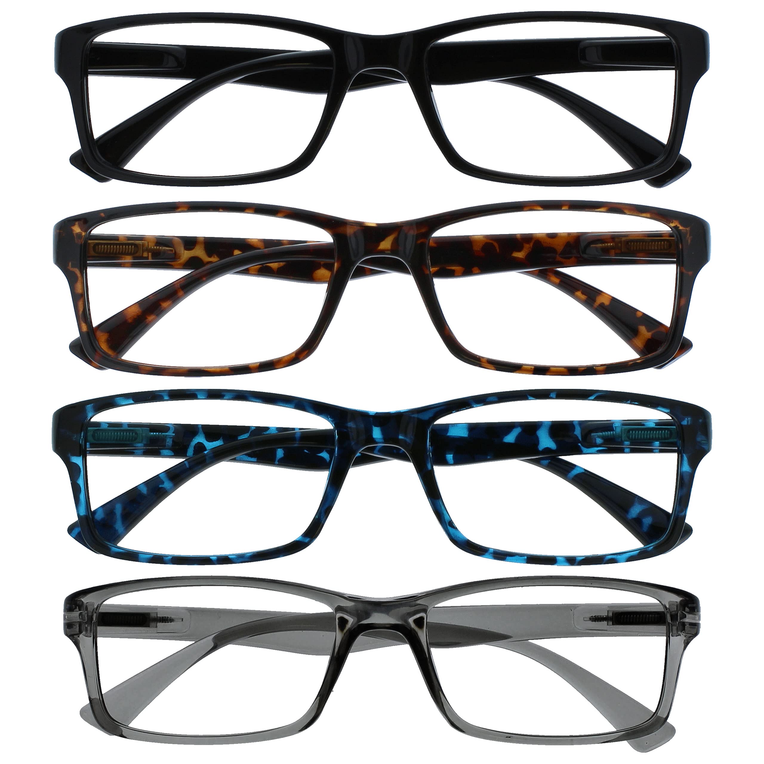 OPULIZE PEP Reading Glasses for Women Men, Large Rectangular Designer Frame with Spring Hinges, Scratch Resistant, Black, Brown, Blue, Grey +3 (Pack of 4)