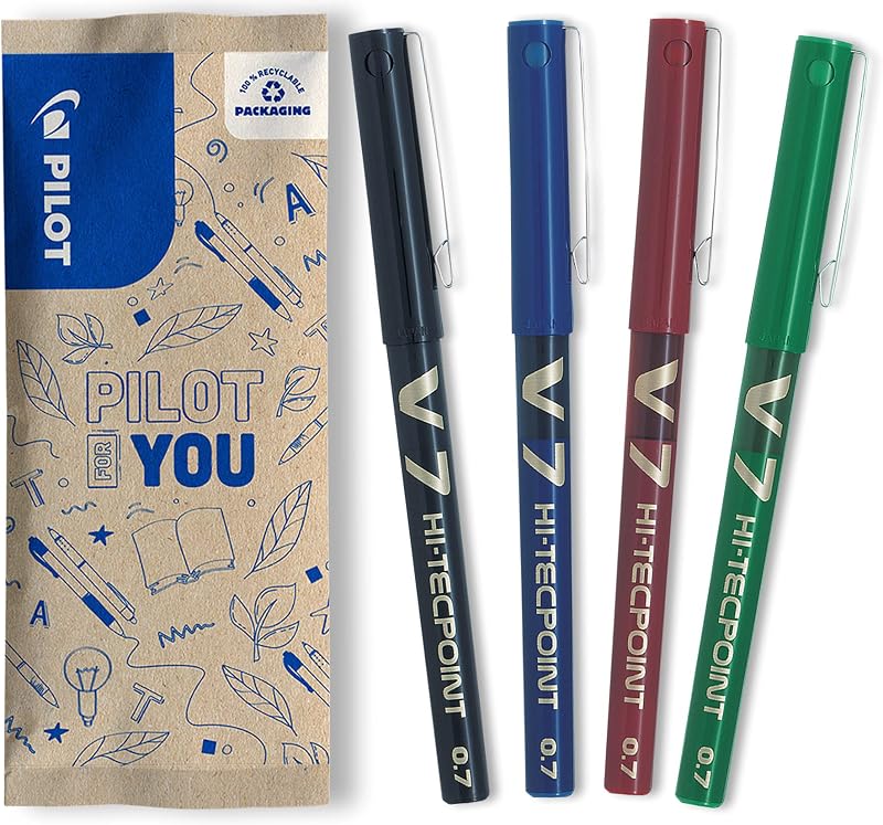 Pilot V7 0.7mm Liquid Ink Rollerball Tip Set – Black Blue Red Green (Pack of 4)