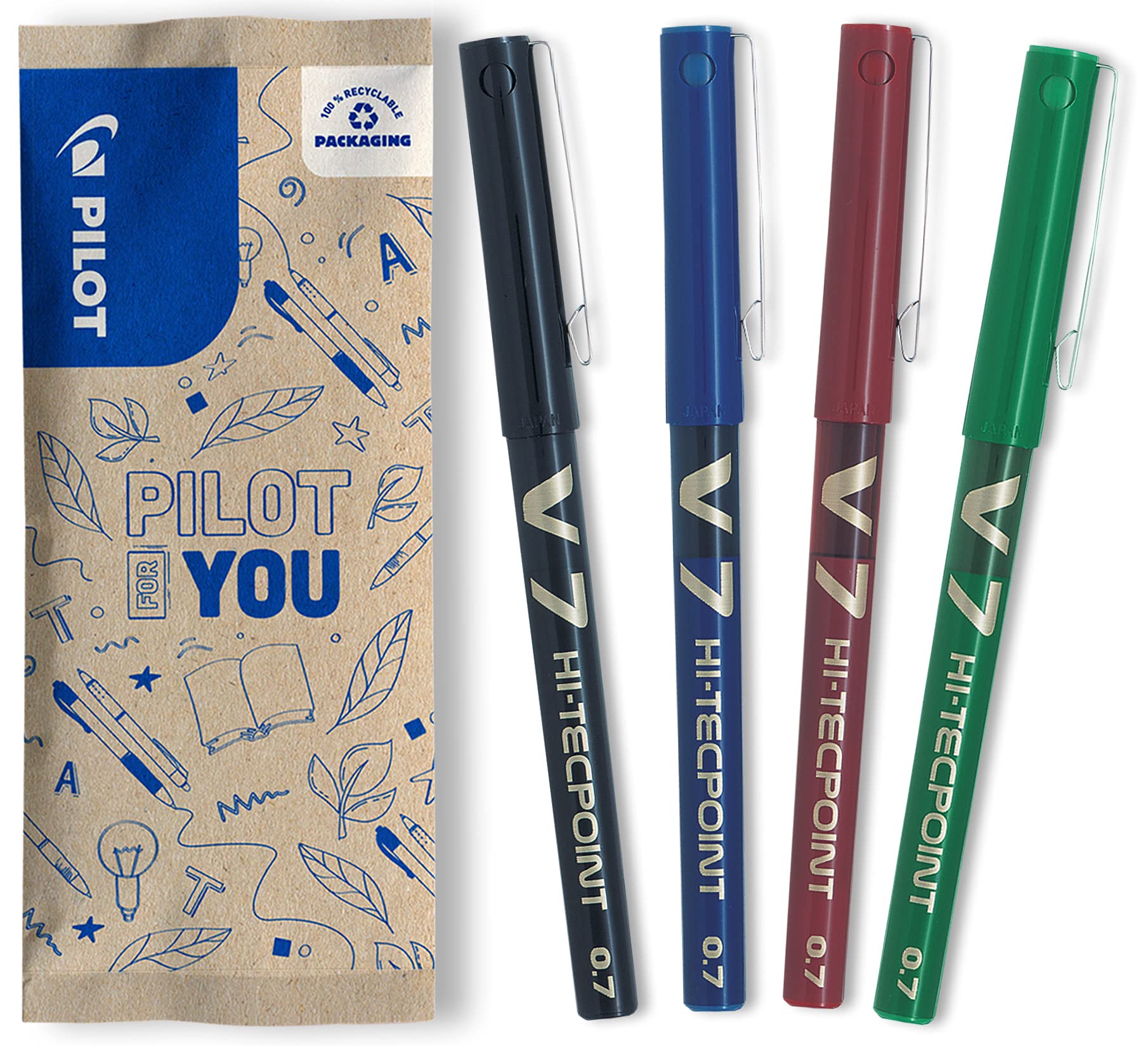 Pilot 0.7 mm V7 Liquid Ink Rollerball Tip - Black/Blue/Red/Green (Pack of 4)