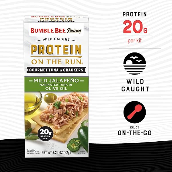 BUMBLE BEE PRIME PROTEIN ON THE RUN TUNA SNACK KIT – GOURMET TUNA MARINATED IN OLIVE OIL & MILD JALAPENO WITH CRACKERS AND SERVING UTENSIL – 20G OF PROTEIN PER SERVING