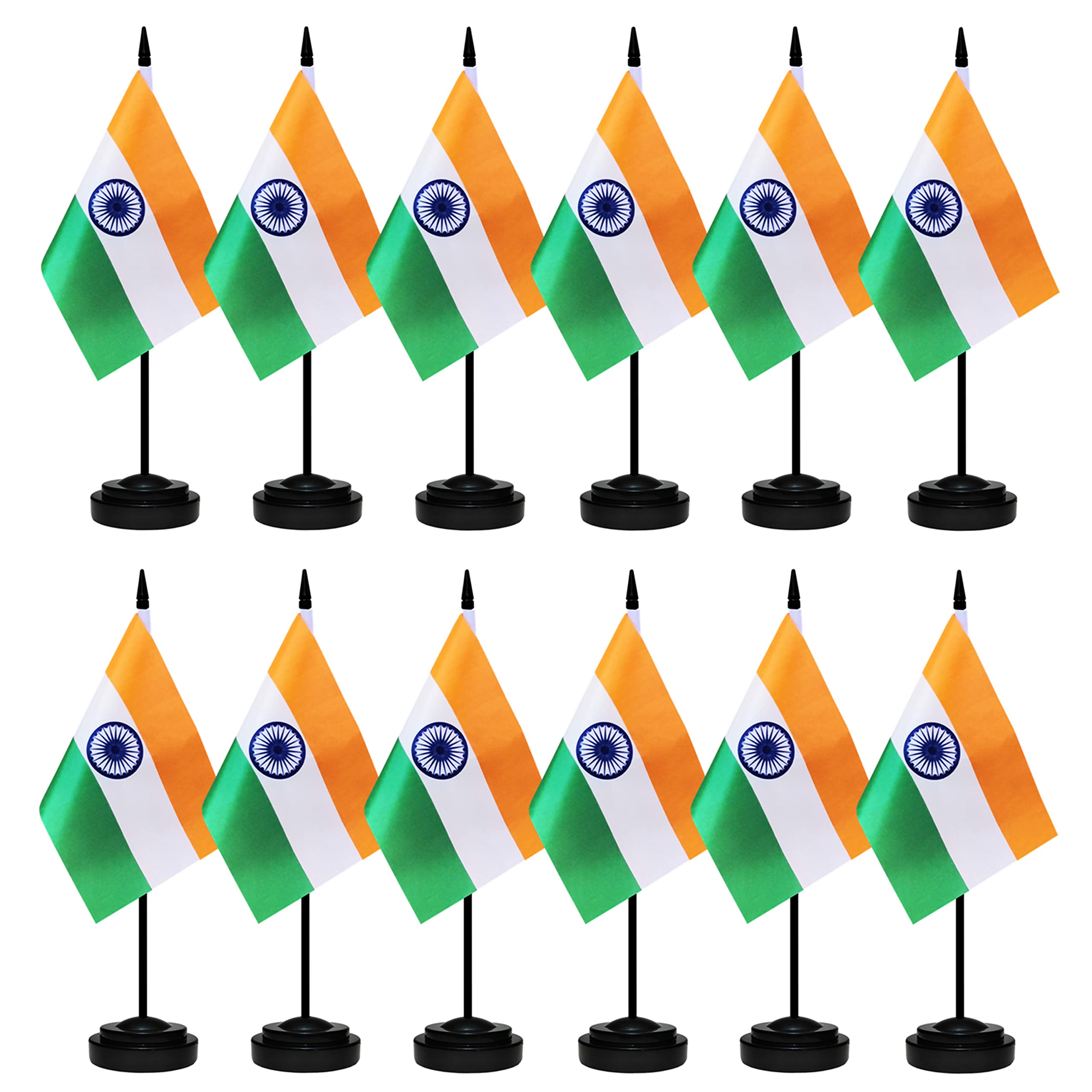 Photo 1 of 12 Pack India Desk Flags Set, Indian Small Mini Table Office Flags with 12" Solid Black Pole, 8.2 x 5.5 Inches, Home and Office Decoration, Festival Celebrations
