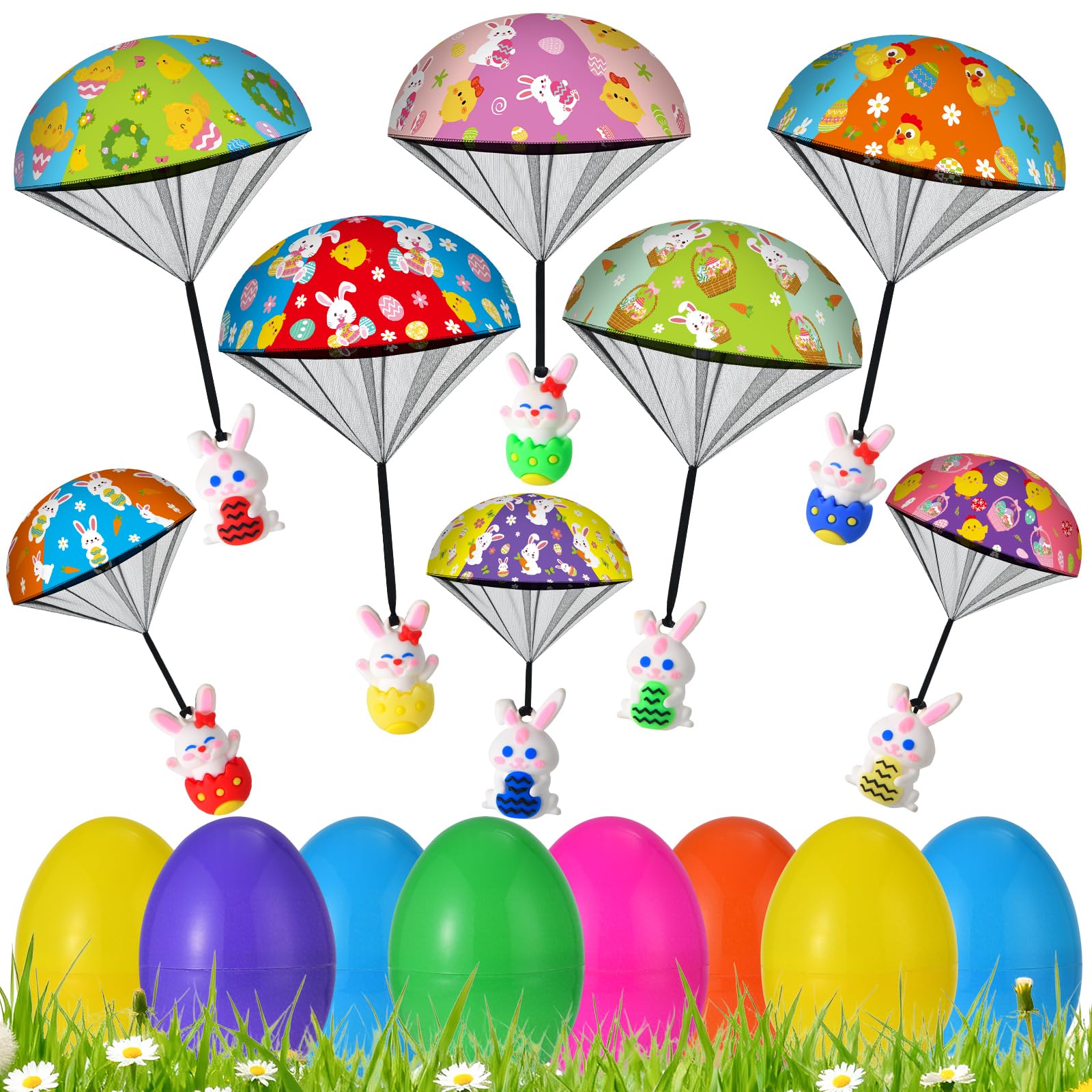 GOSODME 8 Pack Prefilled Easter Eggs Parachute Toys, Hand Throw Flying Toys for Kids Boys Girls Easter Egg Fillers, Easter Basket Stuffers Party Favor