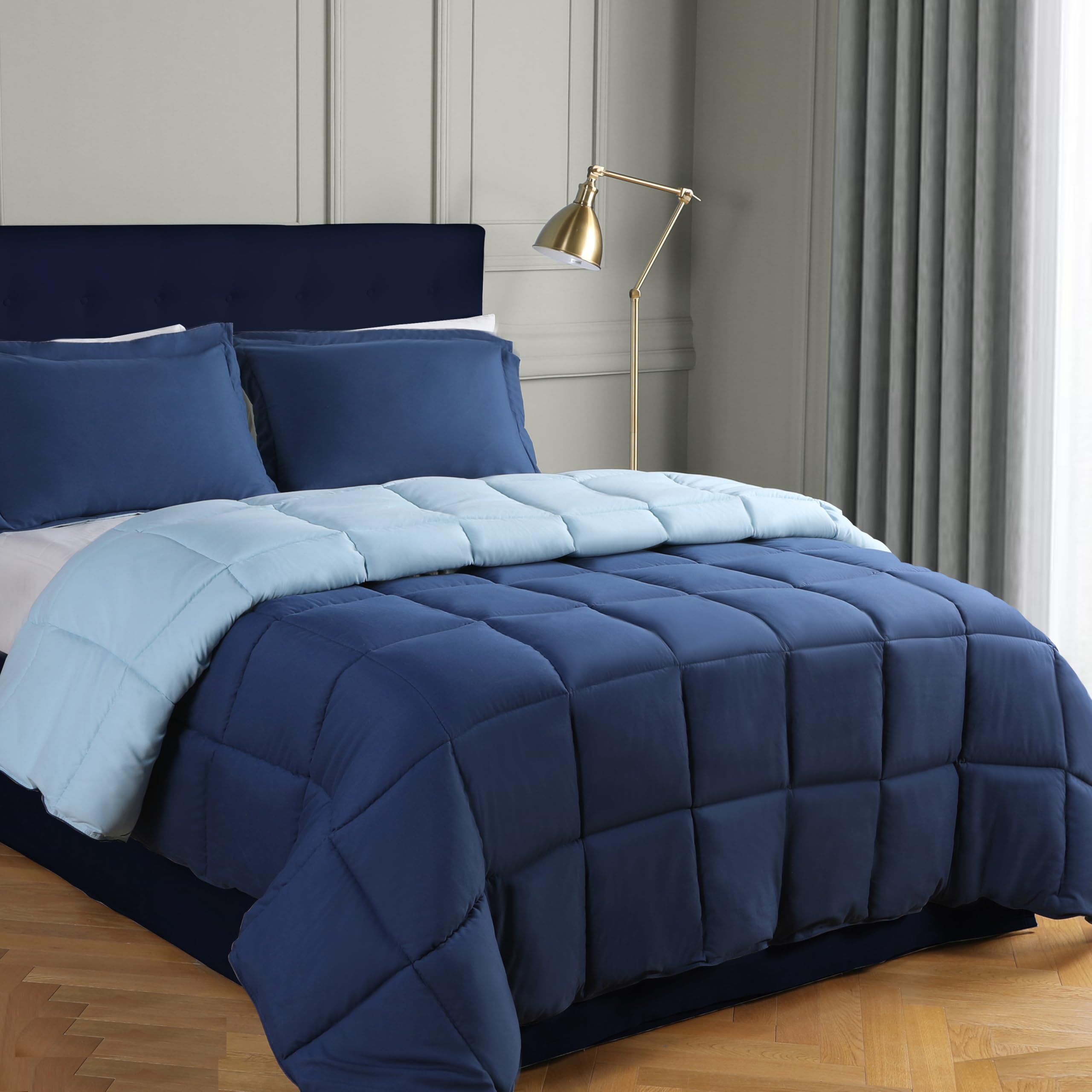 HIG 2 Pieces Navy Reversible Coverless Duvet Single - 135 x 200cm - OEKO-TEX Certified - 10.5 Tog Duvet with Corner Tabs - Down Alternative Comforter with 1 Sham - Machine Washable