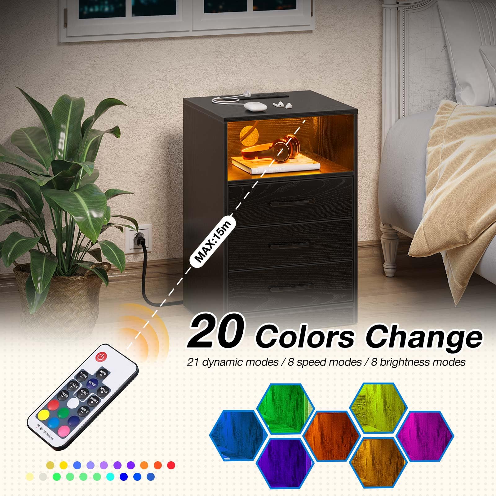 Seventable Nightstand with Wireless Charging Station and LED Lights, Modern End Side Table with 3 Drawers and Open Compartment for Bedroom, Black