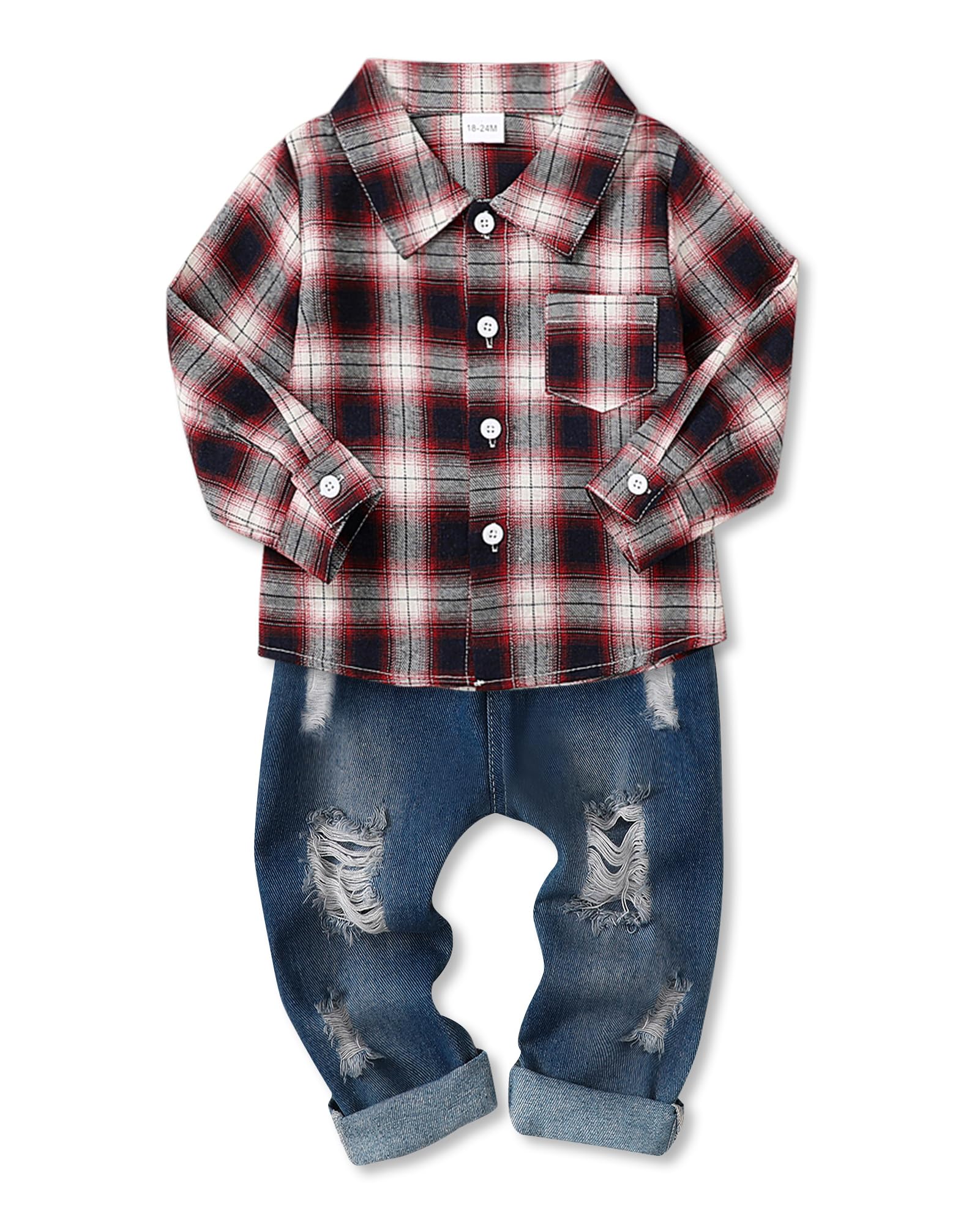 Photo 1 of *** DIFFERENT COLOR **** Coco&RARA Toddler Baby Boy Clothes Outfits Button Down Long Sleeve Plaid Shirt + Denim Pants 2PCS Fall Winter Clothing (Wine Red, 2-3 Years) 12T