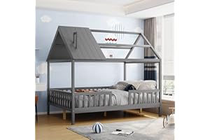 MERITLINE Kids House Bed Full Size, Wooden Full Kids Bed Frame with Roof and Fence, House Full Bed for Kids, Teens, Girls, Boys, No Box Spring Needed (Full, Gray)