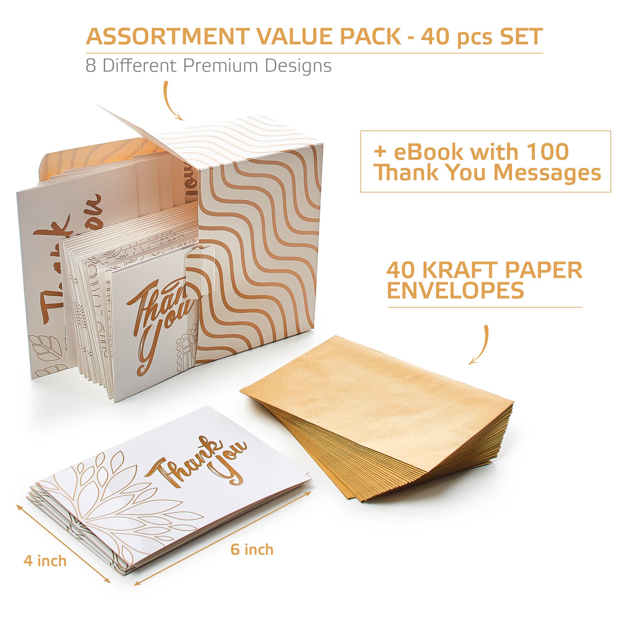 Thank You Cards Box Set - 40 Greeting Cards with Kraft Envelopes - Rose Gold/White Floral Design Note Cards - Best Thank You Notes for boy/girl Baby Shower, Men, Bridal, Wedding, Kids, Graduation