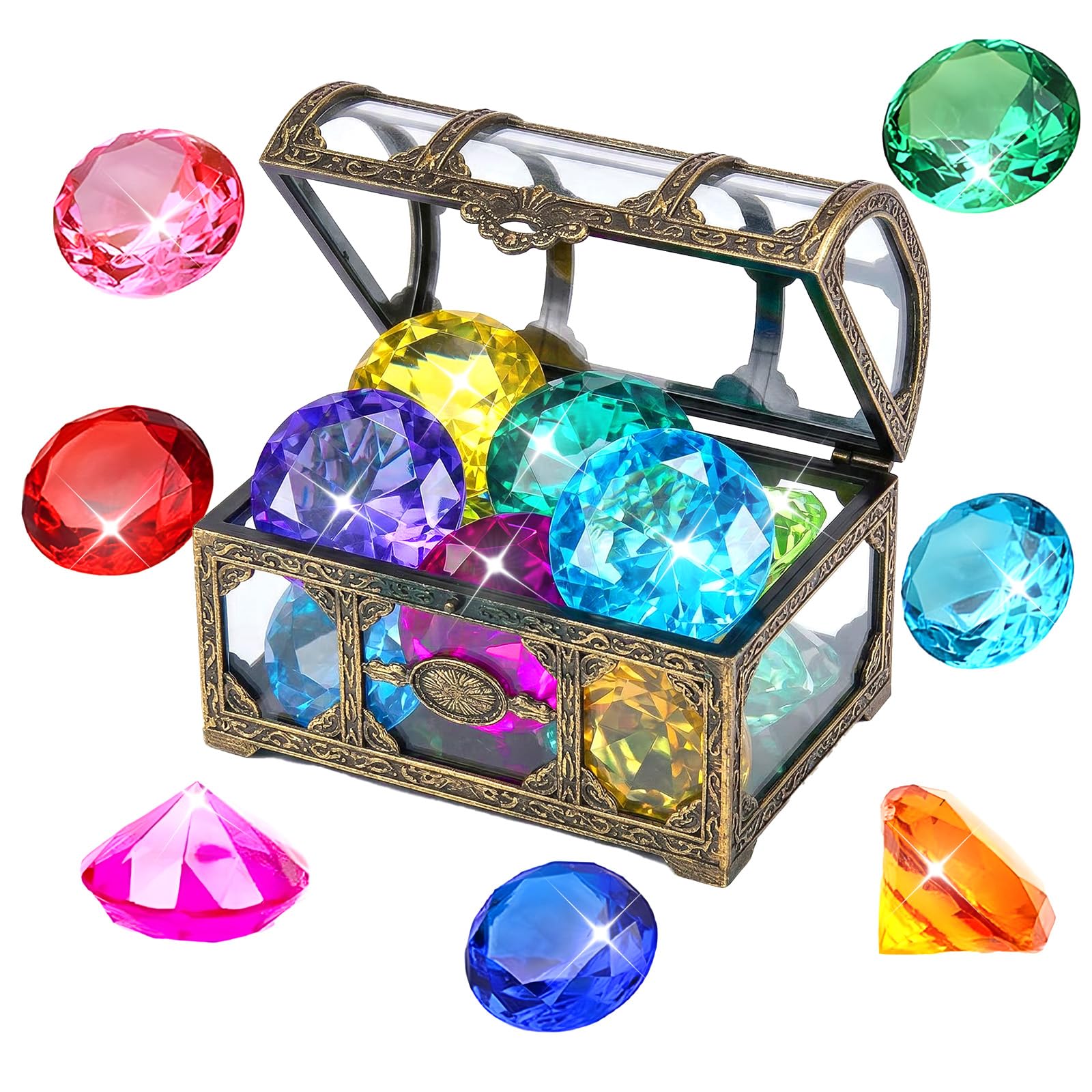 Plkjiu Gems Set Toy - Diving Toys for Swimming Pool & Beach, 10 Large Sinkers for Kids 5-12, Pirate Pool Games with Antique Bronze Treasure Box
