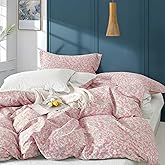 ALEISSEL 100% Natural Cotton Floral Duvet Cover King Size - Antique Pink Botanical Front & White Leaf Print Back with Button Closure, Romantic Cottage Style(3 Pieces,104"×90")