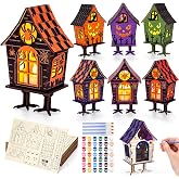 Gerrii 12 Sets Halloween Crafts Wooden Halloween Coloring Houses to Paint | Halloween DIY Craft Kits Paints and Brushes for Halloween Party Supplies Decorations Ghosts Home Decor Table Centerpieces