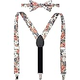 BELLUNO Boys' Floral Suspenders and Bow Tie Set, Pre-Tied Cotton Bowtie for Kids from Toddlers to Teens