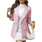 ELLEVEN Womens Oversized Plaid Tweed Blazers, Boyfriend Style Double Breasted Blazer Jacket Casual Outfits