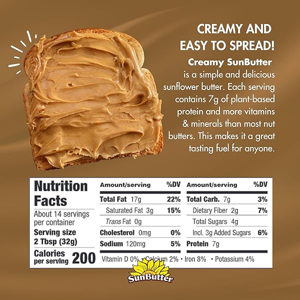 SUNBUTTER CREAMY SUNFLOWER SEED BUTTER, 16 OZ NUT-FREE SPREAD WITH 7G PLANT-BASED PROTEIN, ROASTED RICH & SAVORY FLAVOR, SMOOTH TEXTURE | VEGAN, KOSHER & NON-GMO