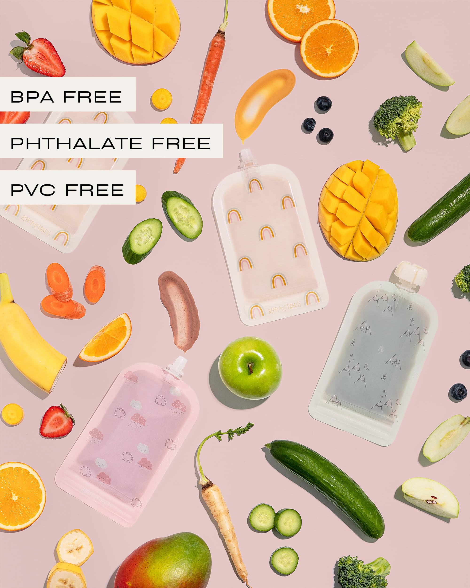 Hippypotamus Reusable Baby Food Pouches for Toddlers - BPA Free Food Grade - Dishwasher & Freezer Safe - Baby Food Containers - Refillable Squeeze Pouch For Applesauce & Yogurt - 12 Pack (Rainbows)