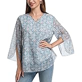 MAGICATELIER Women 3/4 Bell Sleeve Chiffon Floral V Neck Tunic Tops Double Layered Boho Mesh Loose Fit Dressy Casual Shirts